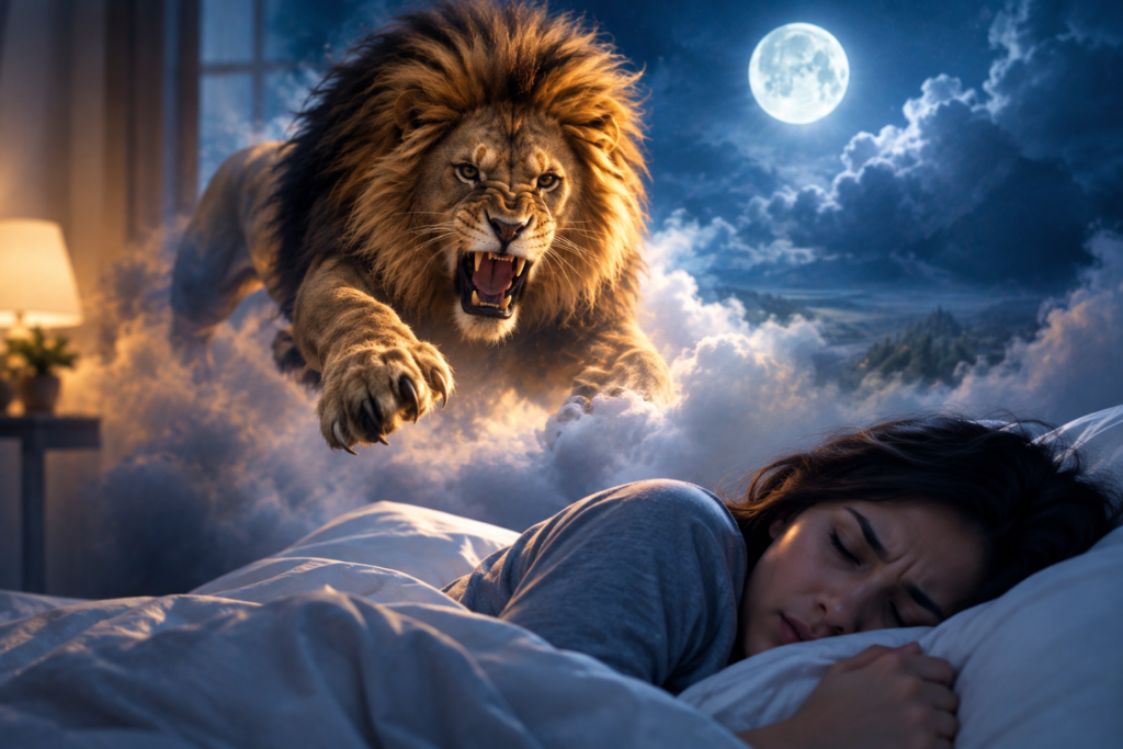 A sleeping woman dreams of a fierce lion attacking through a misty moonlit landscape, symbolizing spiritual danger and inner struggle.