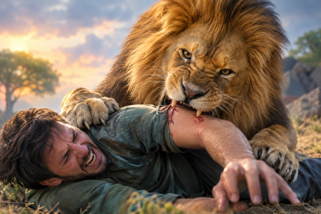 Lion biting a person’s arm in a vivid dream, symbolizing fear, danger, and spiritual conflict.