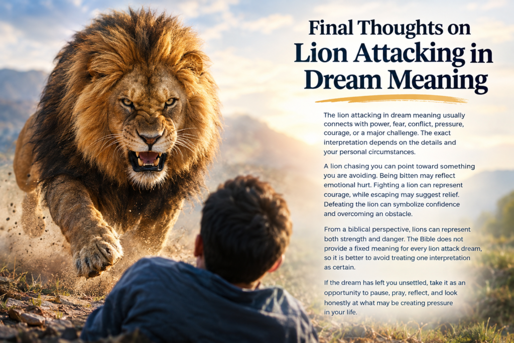 Final thoughts on lion attacking in dream meaning, showing a charging lion and a person reflecting on fear, courage, pressure, and spiritual meaning.