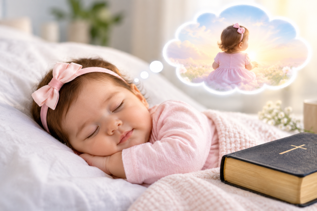 Sleeping baby girl with a Bible beside her, symbolizing the meaning of dreaming about a baby girl.