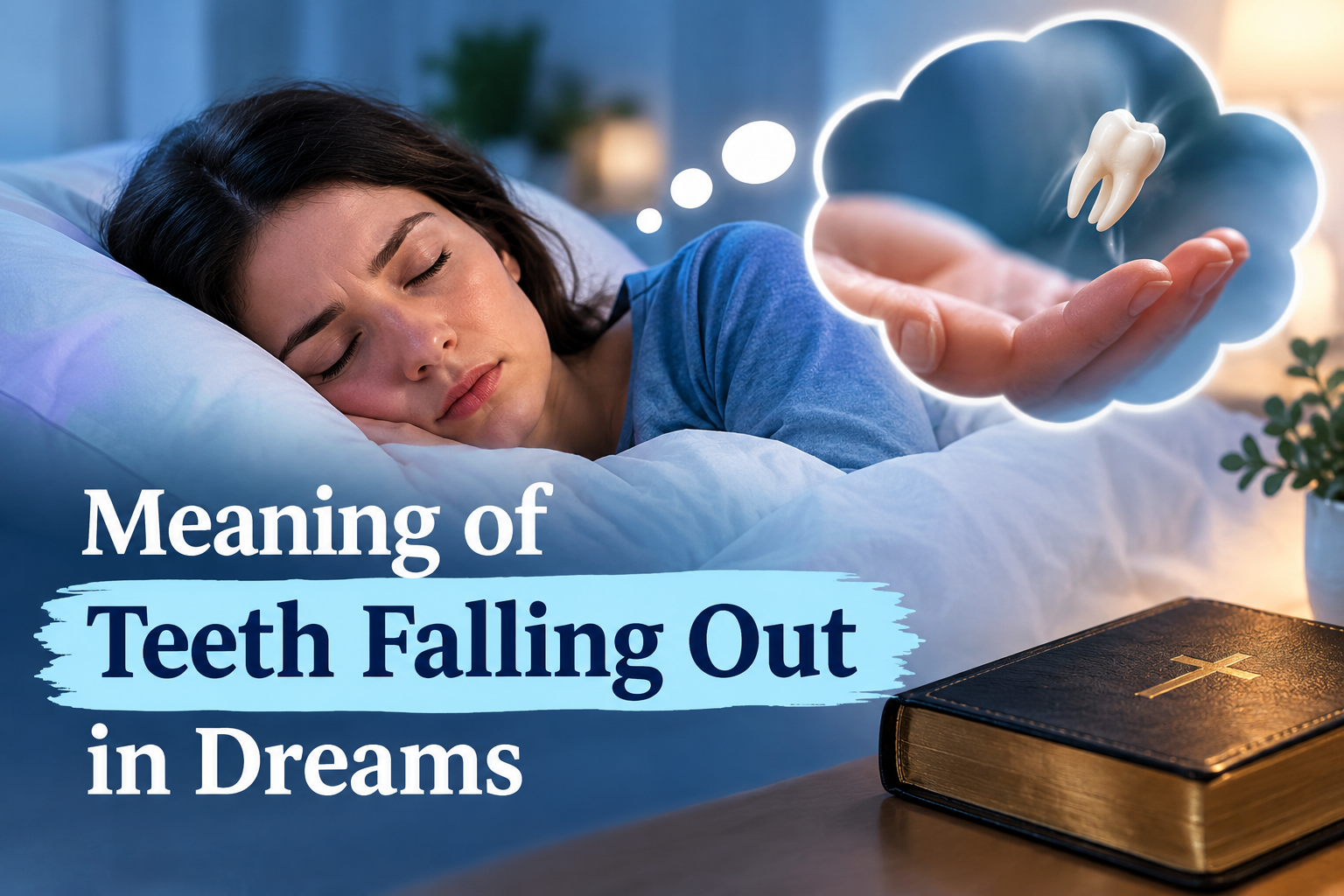 Meaning of Teeth Falling Out in Dreams shown as a sleeping woman dreaming about a falling tooth beside a Bible.