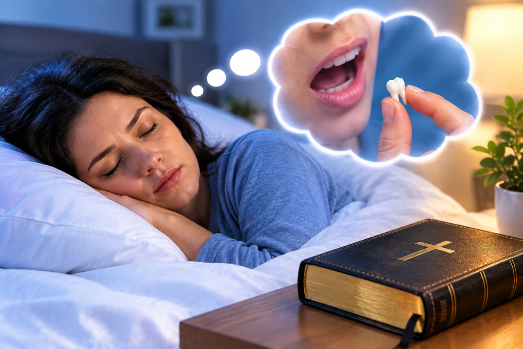 Biblical meaning of losing a tooth in a dream represented by a sleeping woman dreaming about a lost tooth beside a Bible.
