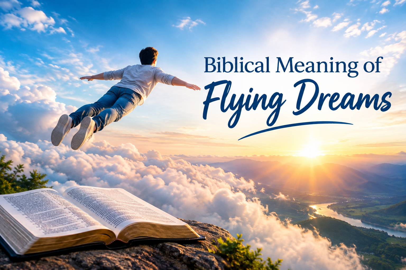 Biblical Meaning of Flying Dreams with a person flying above the clouds near a sunrise and an open Bible in the foreground.
