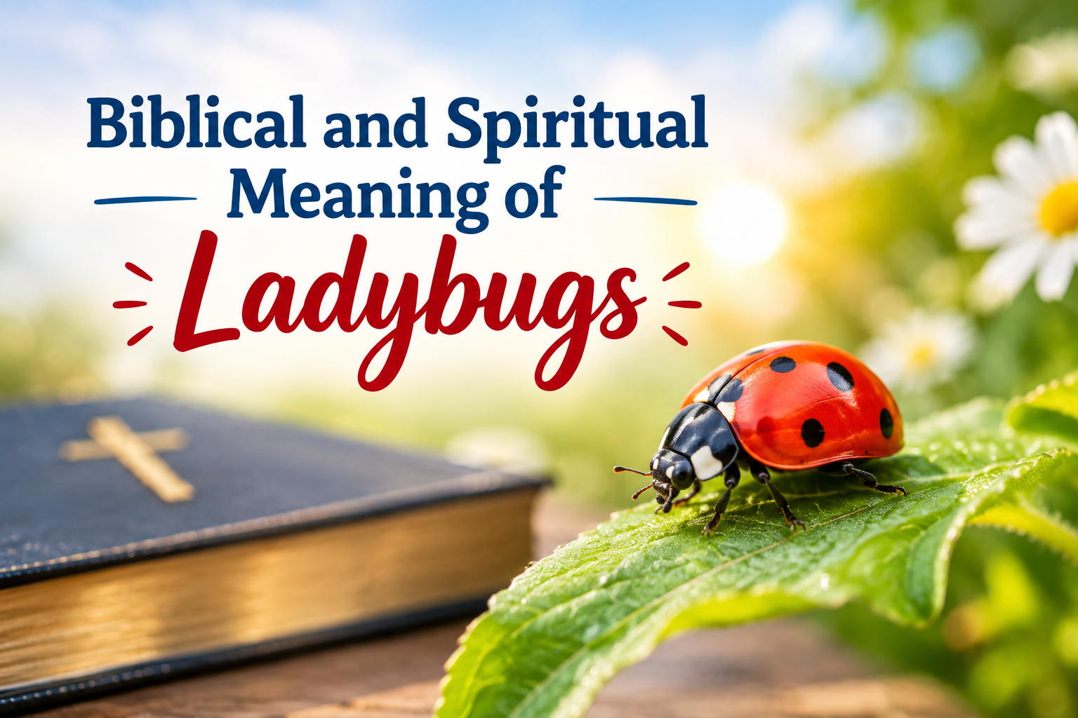 Biblical and Spiritual Meaning of Ladybugs featuring a red ladybug on a green leaf beside a Bible with a cross.