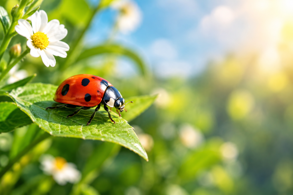 Ladybug resting on a green leaf surrounded by flowers and soft natural sunlight.