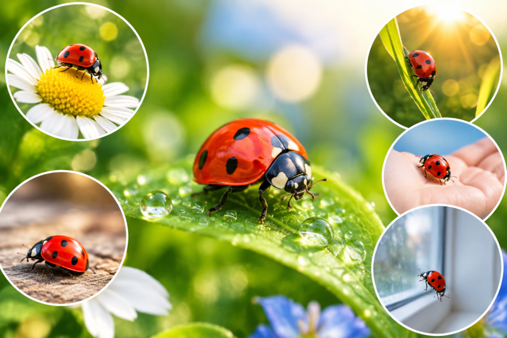 Ladybug spiritual meaning in different situations, shown in nature, on a flower, on a hand, and near a window.