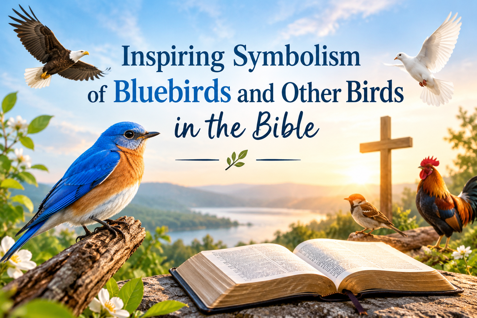 Inspiring symbolism of bluebirds and other birds in the Bible with an open Bible, bluebird, dove, eagle, sparrow, and rooster at sunrise.