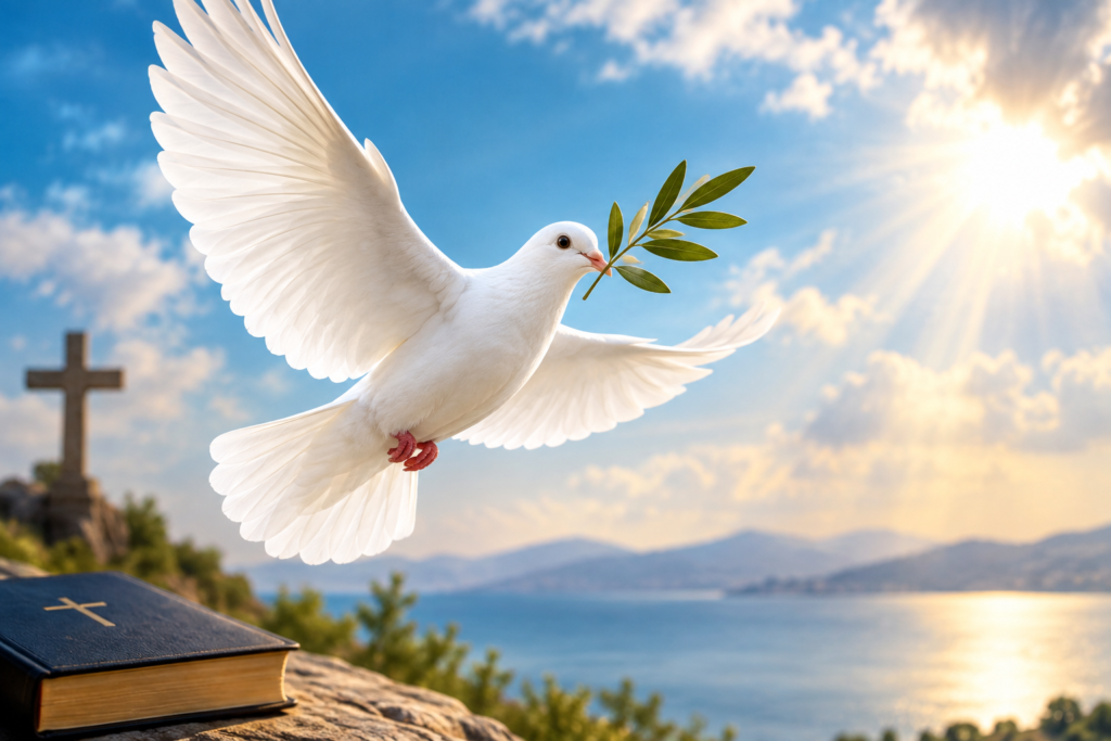 White dove flying with an olive branch against a peaceful blue sky, symbolizing biblical peace and hope.
