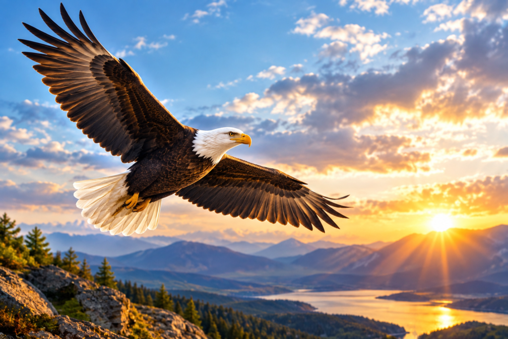 Bald eagle soaring over mountains and a lake at sunset, symbolizing strength, freedom, renewal, and biblical meaning.