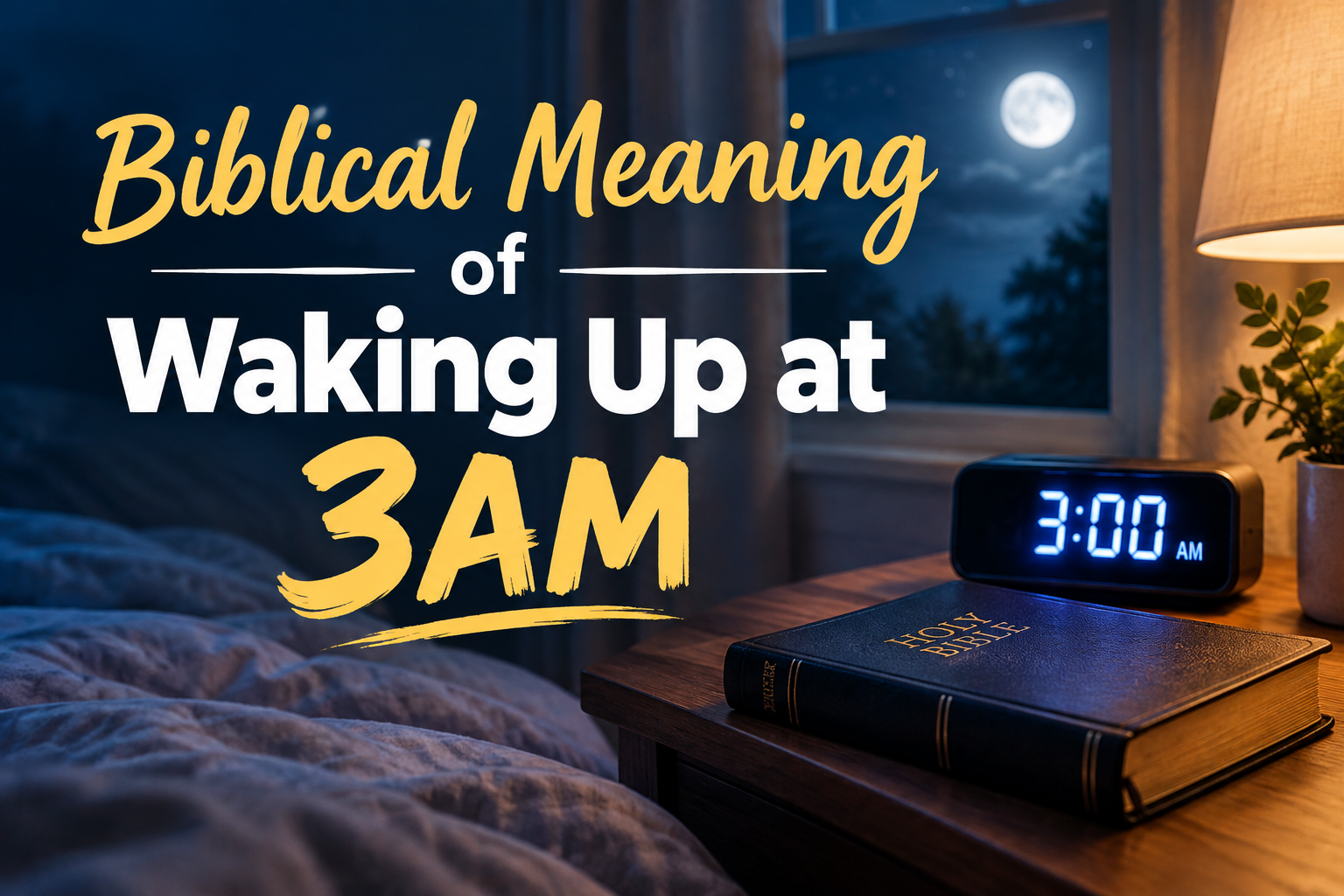 Biblical meaning of waking up at 3AM with a bedside clock showing 3:00 AM, a Bible, and a peaceful moonlit bedroom.