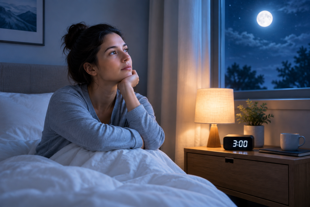 Woman waking up at 3 AM and reflecting quietly in a moonlit bedroom.