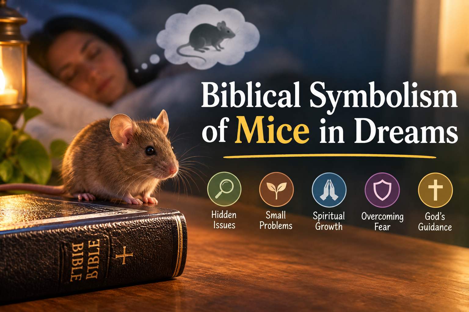 Biblical symbolism of mice in dreams, showing a mouse beside a Bible with a sleeping person in the background.
