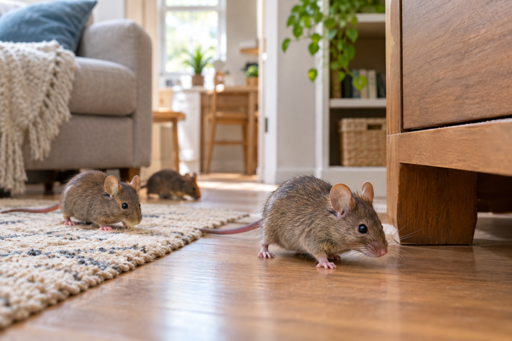 Three mice exploring a cozy living room, with one mouse in the foreground near wooden furniture and two mice on a rug in the background.