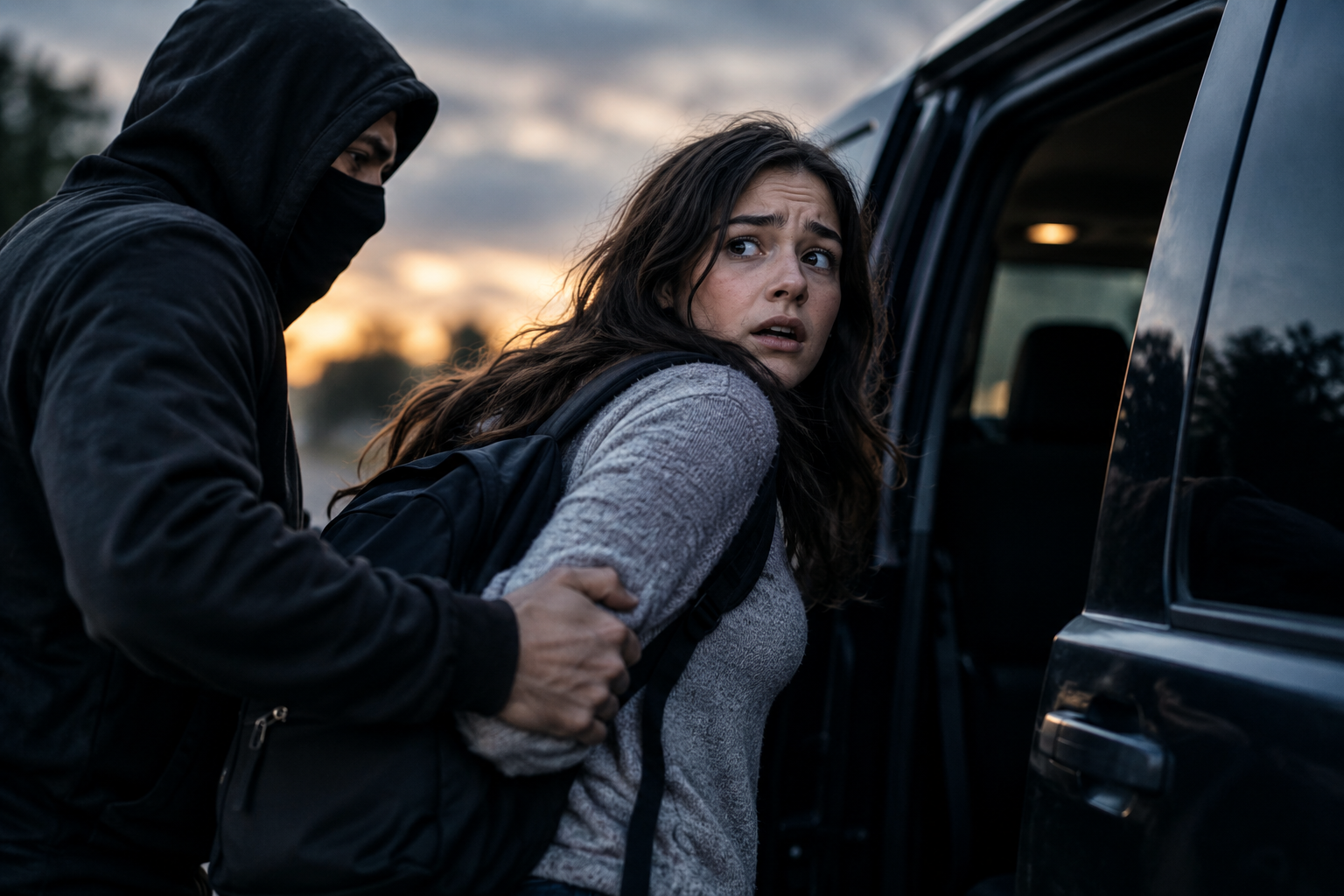 Dream about being kidnapped showing a frightened woman being forced toward a vehicle by a masked figure at sunset.