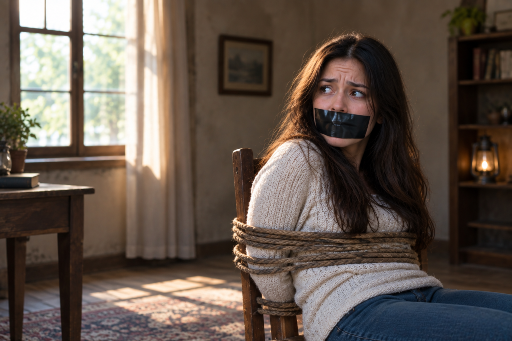 Frightened woman tied to a wooden chair in a dim room, representing the spiritual meaning of being kidnapped in a dream.