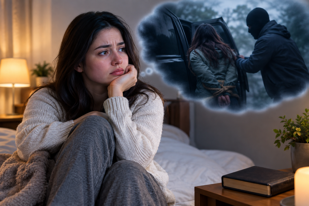 Worried woman reflecting after a kidnapping dream in a softly lit bedroom with a dark dreamlike kidnapping scene in the background.