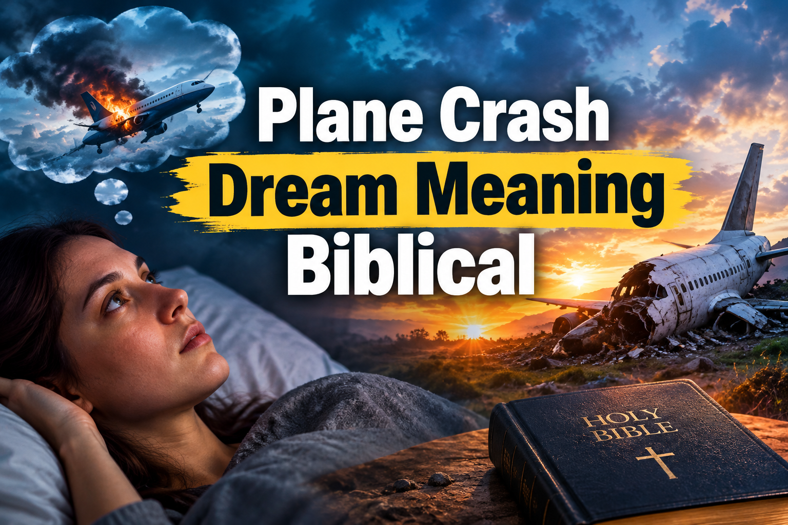 Plane Crash Dream Meaning Biblical with a crashing airplane, dream imagery, a person reflecting, and a Holy Bible at sunset.
