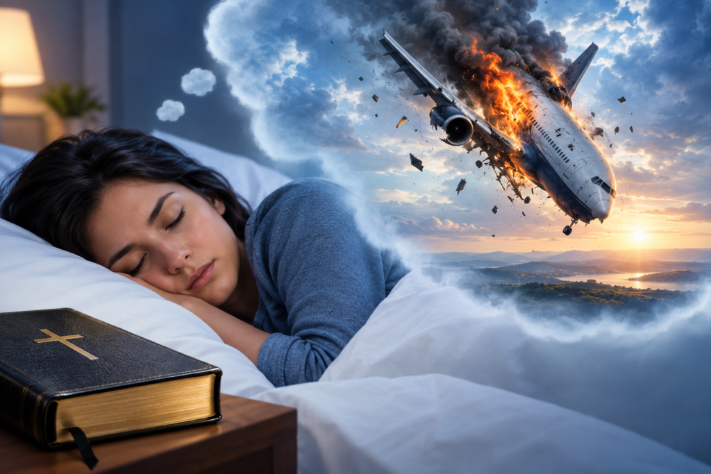 Biblical meaning of a plane crash in a dream, showing a sleeping woman with a Bible and a crashing airplane in a dramatic dream scene.