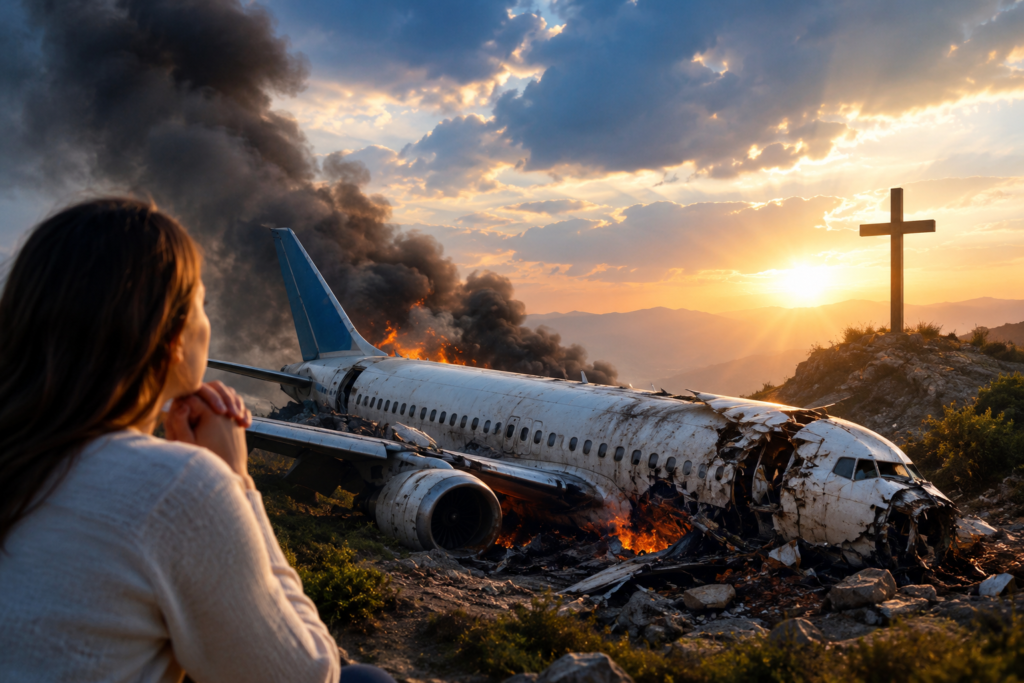 Christian meaning of plane crash dreams showing a crashed airplane, a person praying, and a cross at sunset.