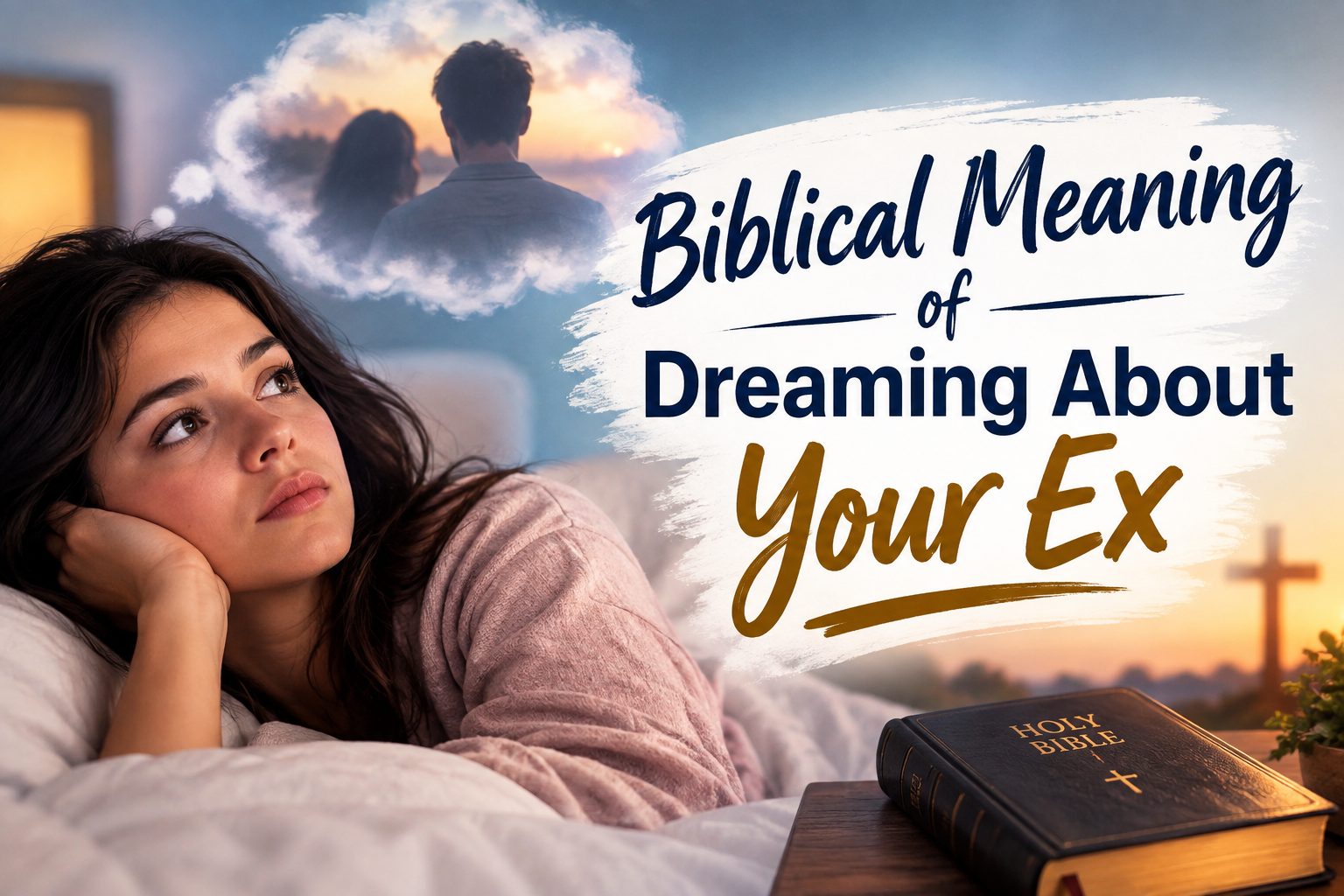 Biblical meaning of dreaming about your ex with a woman reflecting on a past relationship beside a Bible and cross.