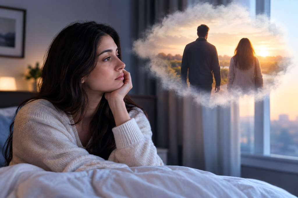Woman reflecting on a past relationship while dreaming about an ex, symbolizing emotional closure and letting go.