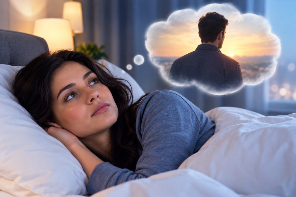 Woman lying in bed thinking about her ex, with a dreamlike image of her former partner in the background.