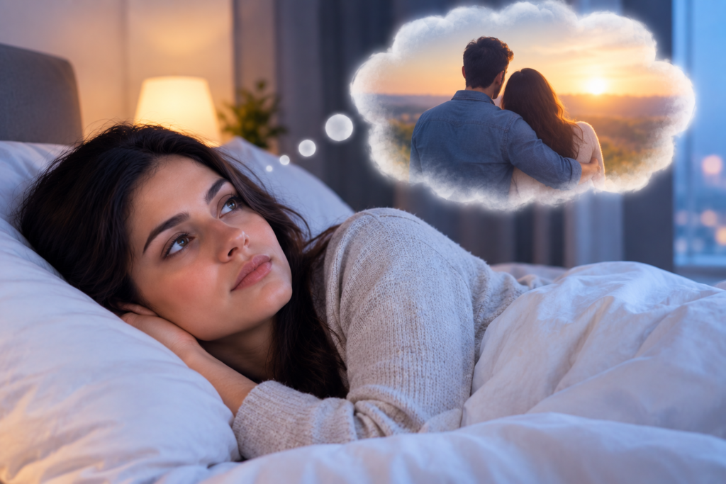 Woman lying in bed reflecting on a past relationship, with a dreamlike memory of a couple embracing at sunset.