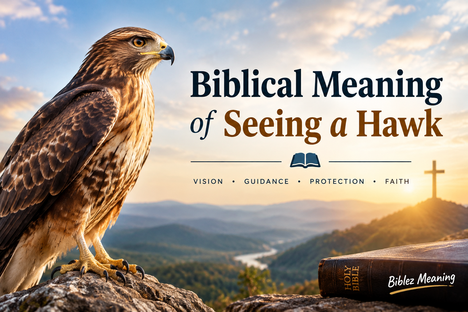 Biblical meaning of seeing a hawk, with a hawk overlooking a peaceful mountain landscape at sunrise beside a Bible and cross.