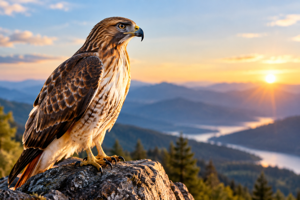 Hawk perched on a rocky mountain overlooking a scenic valley at sunset.