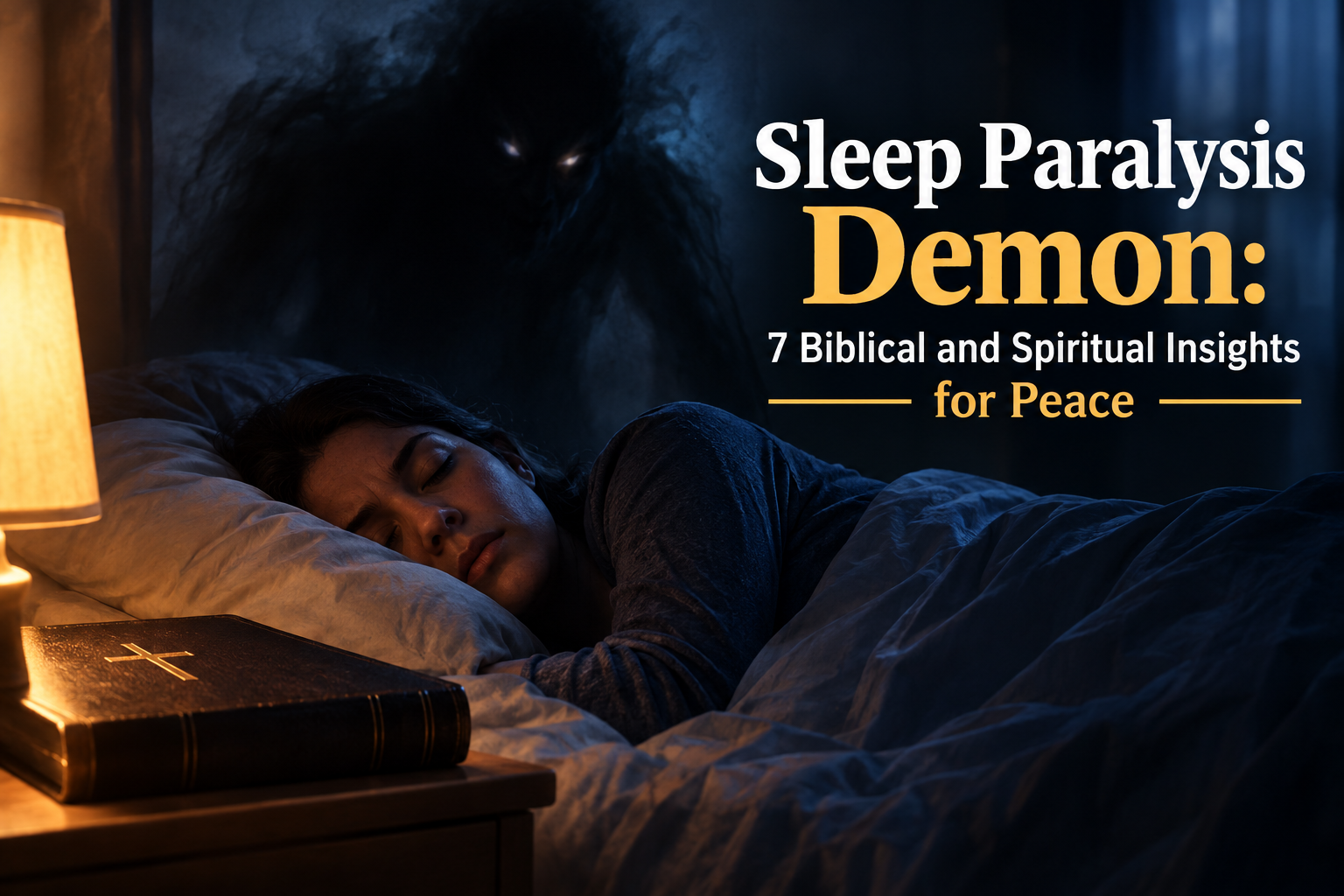 Sleep paralysis demon with sleeping woman, Bible, and spiritual symbolism in a dark bedroom