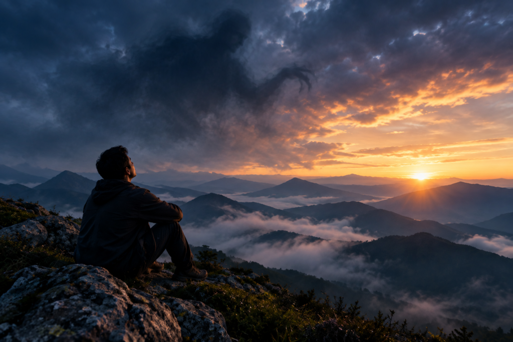 Sleep paralysis biblical meaning represented by a person sitting on a mountain overlooking misty peaks at sunrise beneath mysterious storm clouds.