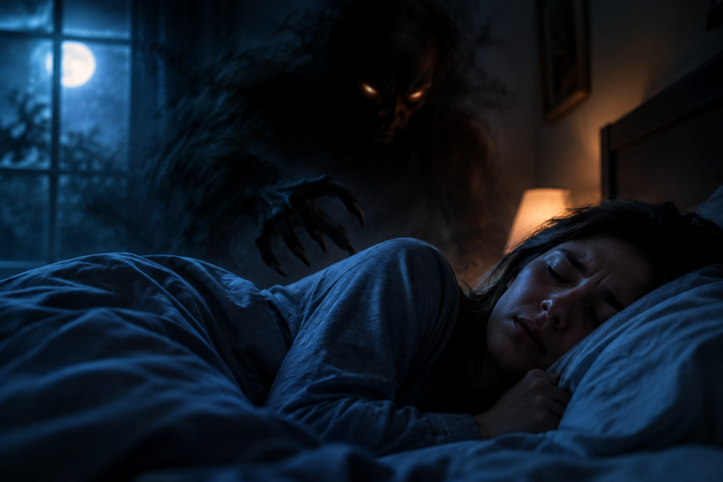 Sleep paralysis demon looming over a sleeping woman in a dark bedroom at night.