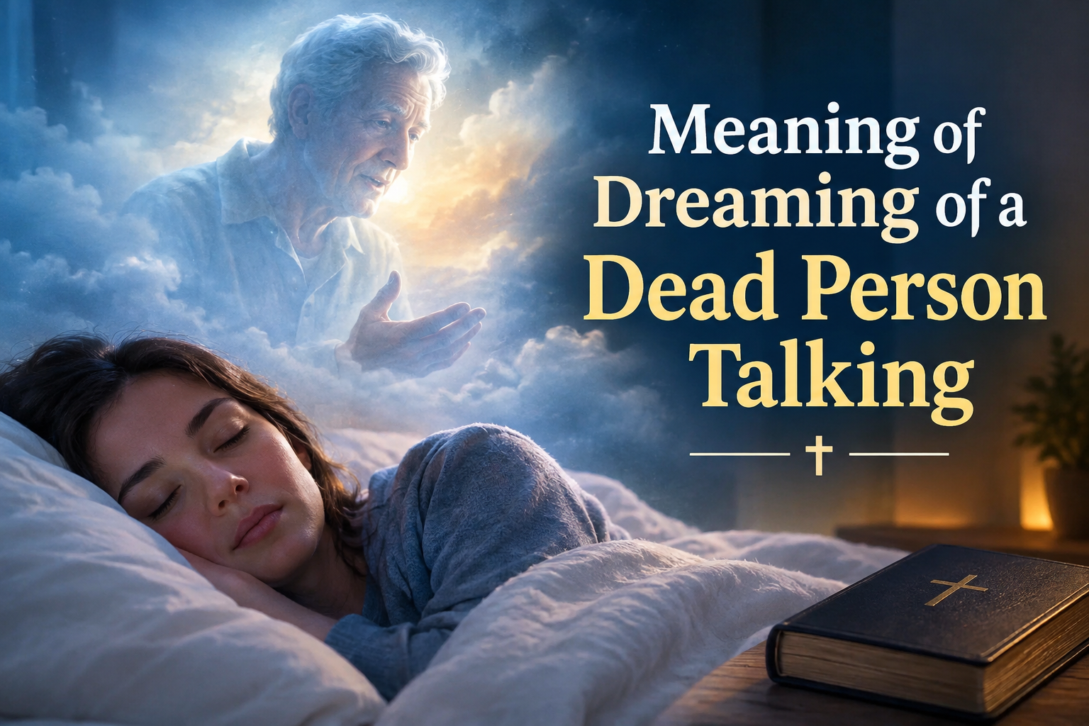 Meaning of dreaming of a dead person talking, showing a sleeping woman and a deceased loved one appearing in a peaceful dream.