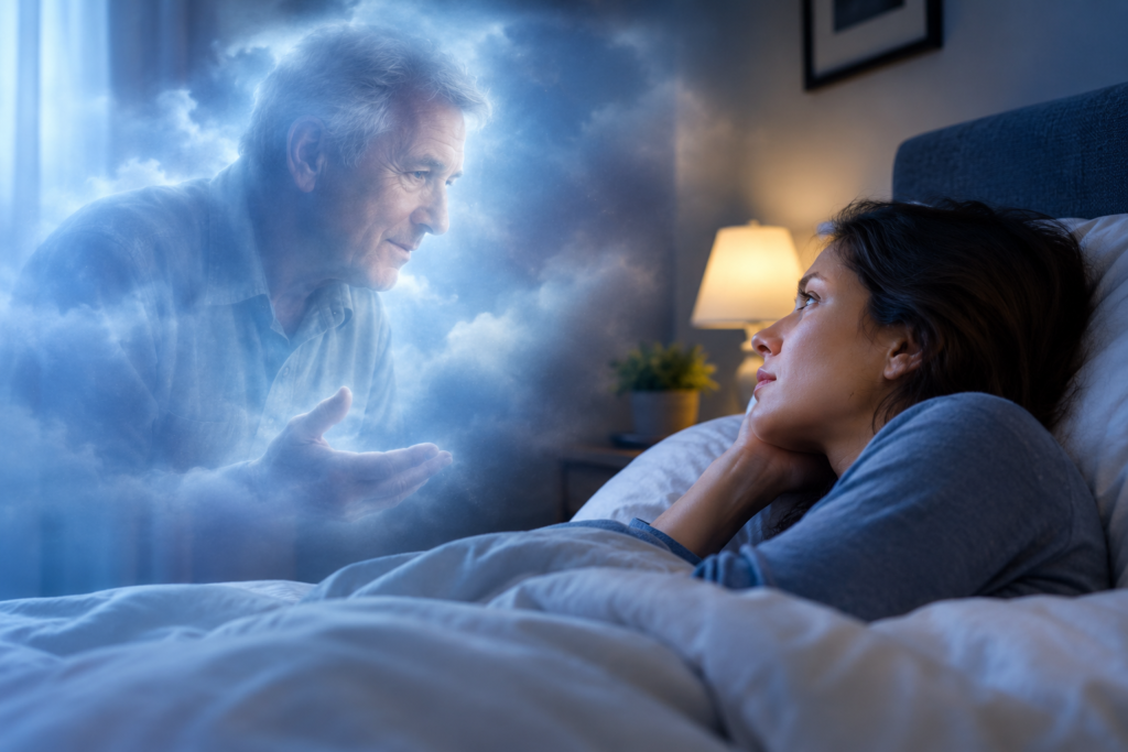 A woman lying in bed looks at a glowing image of a deceased loved one, symbolizing memories and emotional connection in a dream.
