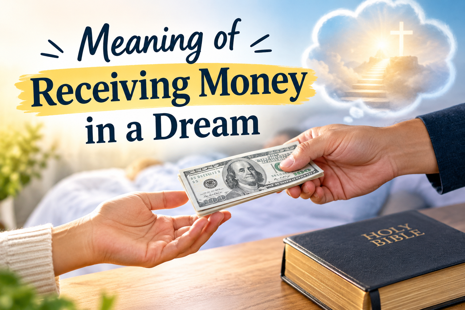 Meaning of Receiving Money in a Dream featuring hands exchanging money, a Holy Bible, and a spiritual dream scene.