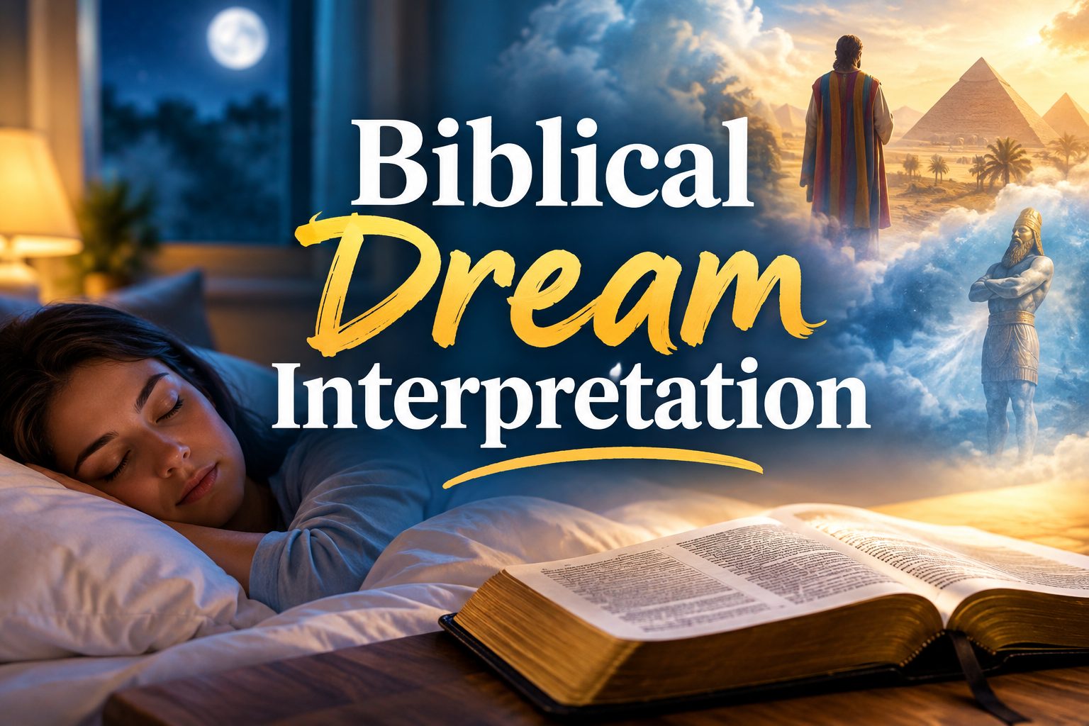 A promotional graphic titled “Biblical Dream Interpretation.” On the left, a young woman with dark hair sleeps peacefully on a white pillow in a dimly lit bedroom, with a window showing a full moon at night. In the foreground, an open Bible rests on a wooden table. On the right, a dream-like scene shows a man in a multicolored coat standing on clouds overlooking ancient pyramids and palm trees under a golden sky, with a large blue statue of a bearded figure nearby. Soft clouds and light effects blend the waking and dream worlds.