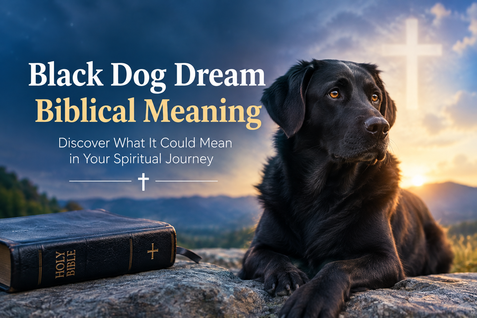 Black Dog Dream Biblical Meaning with a black dog, Holy Bible, and glowing cross at sunrise.