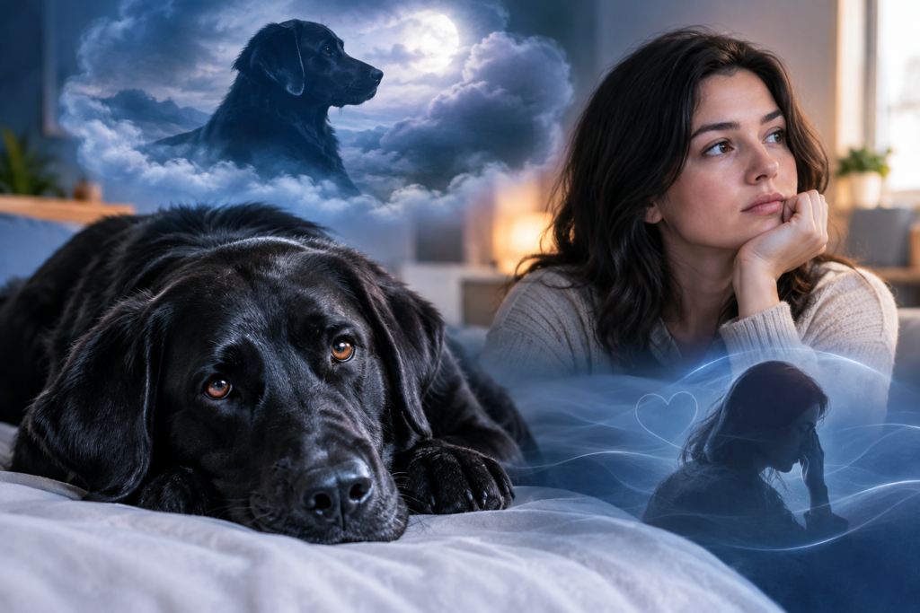 Black dog resting on a bed beside a thoughtful woman, symbolizing personal emotions and reflection in a dream.