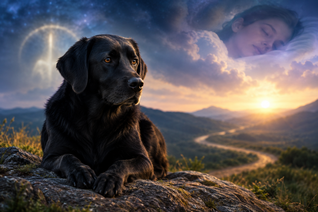 Black dog sitting peacefully on a rock overlooking a misty mountain valley at sunset, symbolizing the spiritual meaning of black dog dreams.