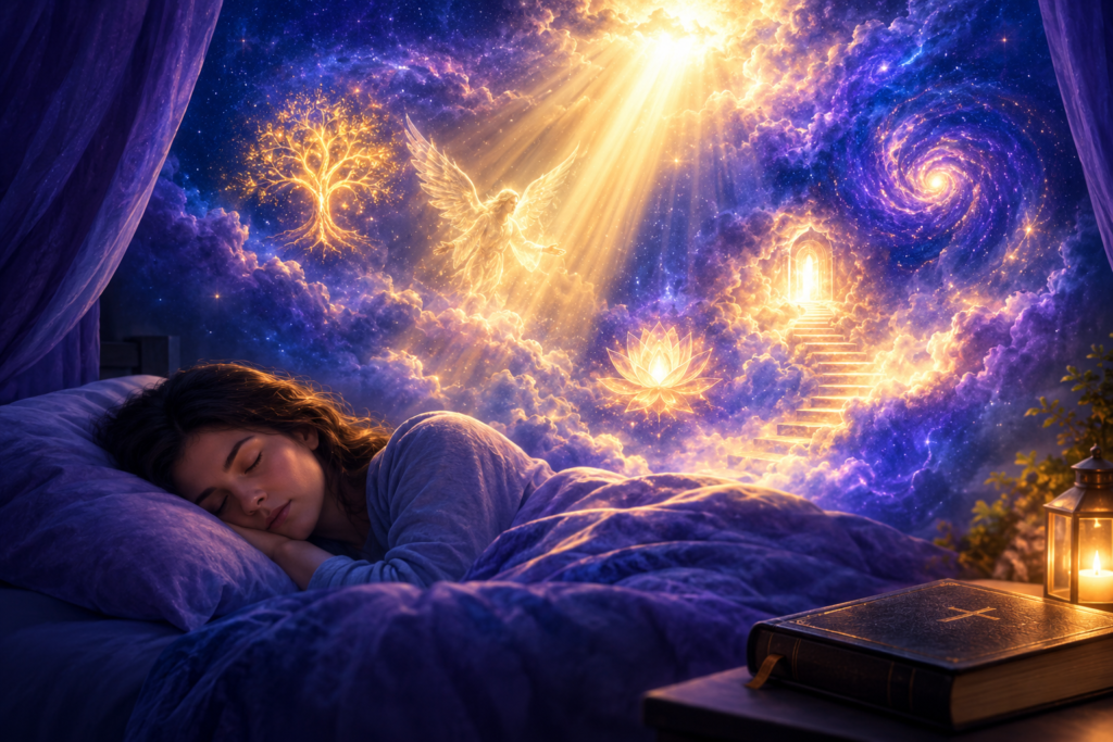 A peaceful young woman sleeps in a cozy bed beneath deep blue and purple blankets while a radiant heavenly dream unfolds above her. Golden beams of light stream from the clouds, illuminating an angel, a glowing tree, a luminous lotus flower, a spiral galaxy, and a staircase leading to a shining doorway in the heavens. A Bible and lantern rest on a bedside table, creating a warm Christian atmosphere of prayer, faith, divine guidance, and spiritual reflection.