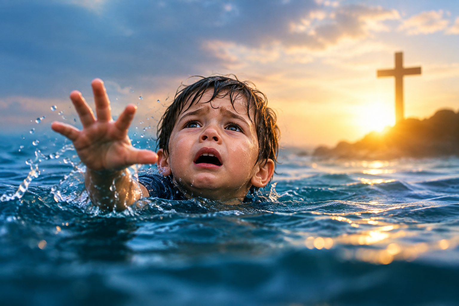 Dream about a child drowning with a hopeful sunrise and cross in the background.