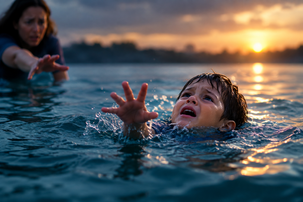 Child struggling in deep water while an adult reaches out to save them at sunset