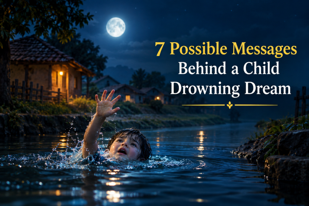 Child drowning dream meaning in a quiet village at night, symbolizing possible spiritual messages and emotional concerns.