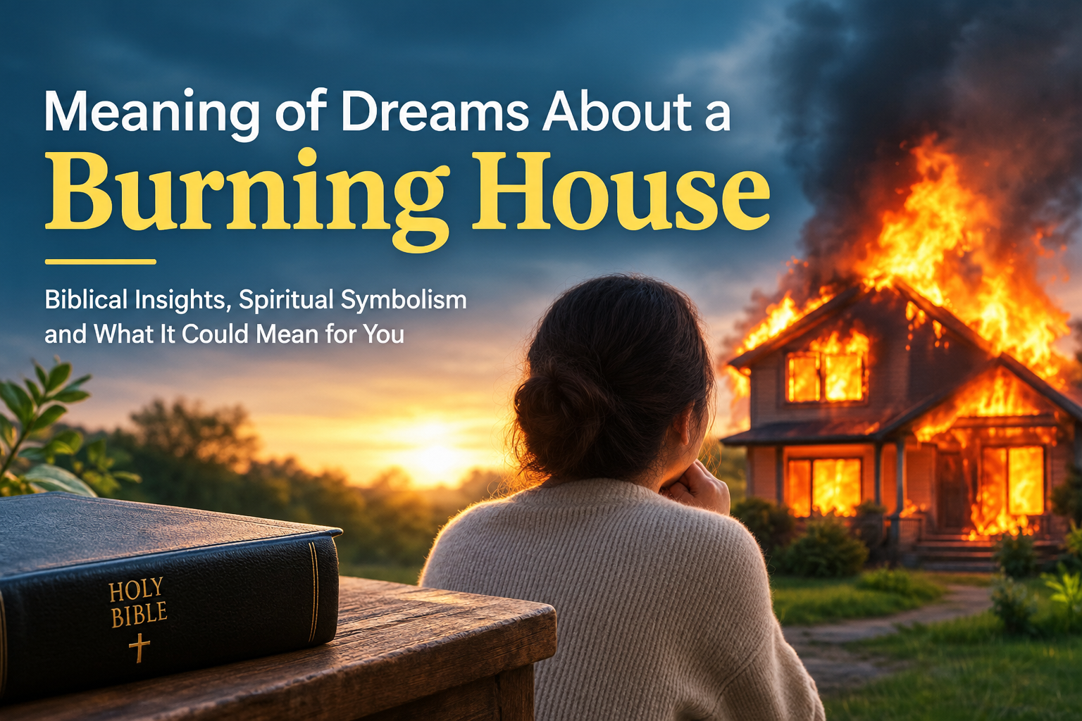 Biblical meaning of dreams about a burning house, featuring a woman reflecting near a Holy Bible while watching a house on fire at sunset, symbolizing spiritual reflection and biblical dream interpretation.