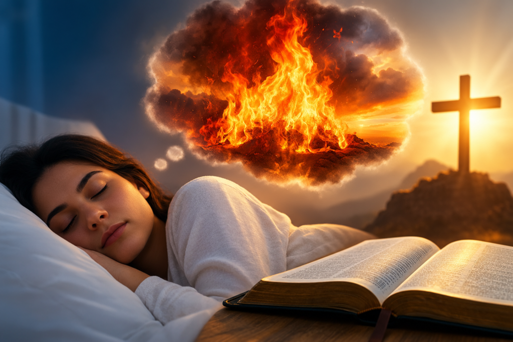 A sleeping woman dreams of glowing flames, with an open Bible in the foreground and a cross silhouetted against a golden sunset, symbolizing the biblical meaning of fire in dreams.