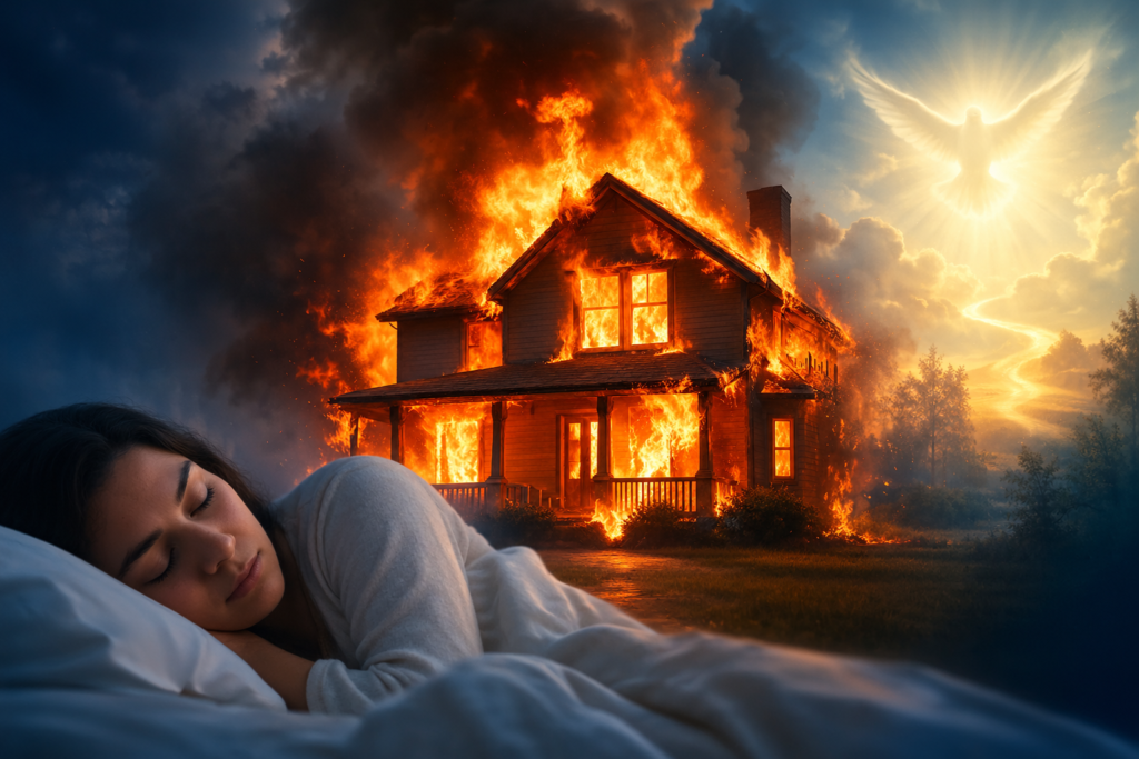 A burning house surrounded by flames and dark smoke, with a sleeping woman in the foreground and a glowing angelic light in the sky, symbolizing the spiritual meaning of a house on fire in a dream.
