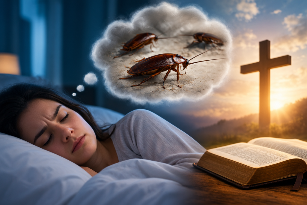 A sleeping woman dreams of cockroaches, with an open Bible and glowing cross in a peaceful sunrise landscape, symbolizing the biblical meaning of seeing cockroaches in a dream.