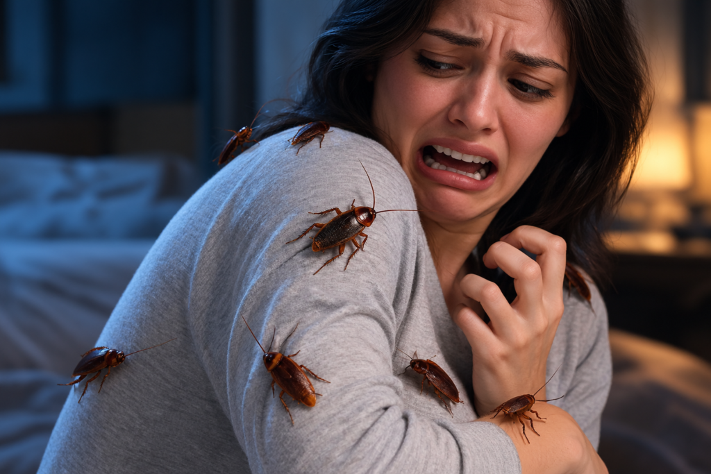 A frightened woman recoils as several cockroaches crawl across her shoulders, arms, and clothing in a dimly lit bedroom, symbolizing the biblical meaning of cockroaches crawling on you in a dream.