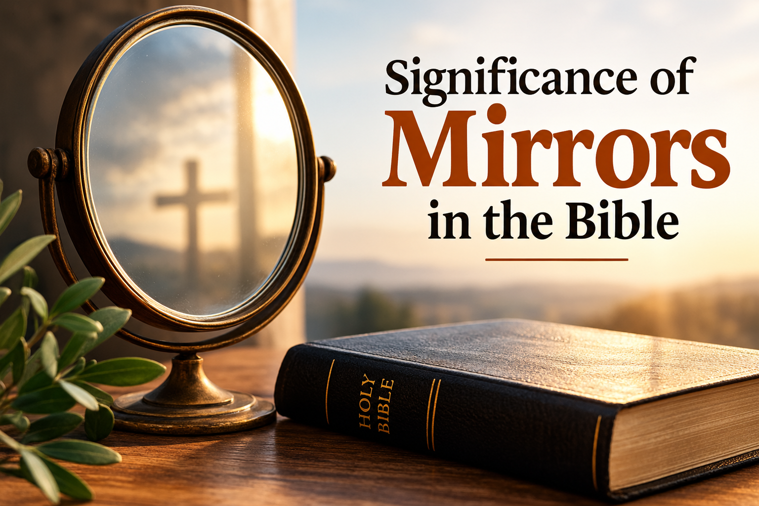 Significance of Mirrors in the Bible featuring an antique mirror reflecting a cross, a Holy Bible, and warm golden sunlight.
