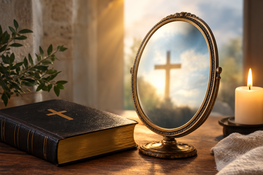 Antique gold-framed mirror reflecting a cross beside a closed Bible and glowing candle, symbolizing the spiritual meaning of mirrors in the Bible.